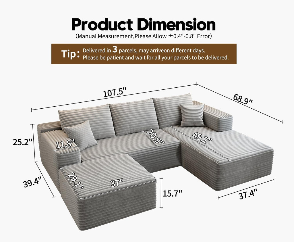 107.5 Cloud Modular Sectional Sofa Couch with L-Shape Chaise,Modern Minimalist Upholstered Couches