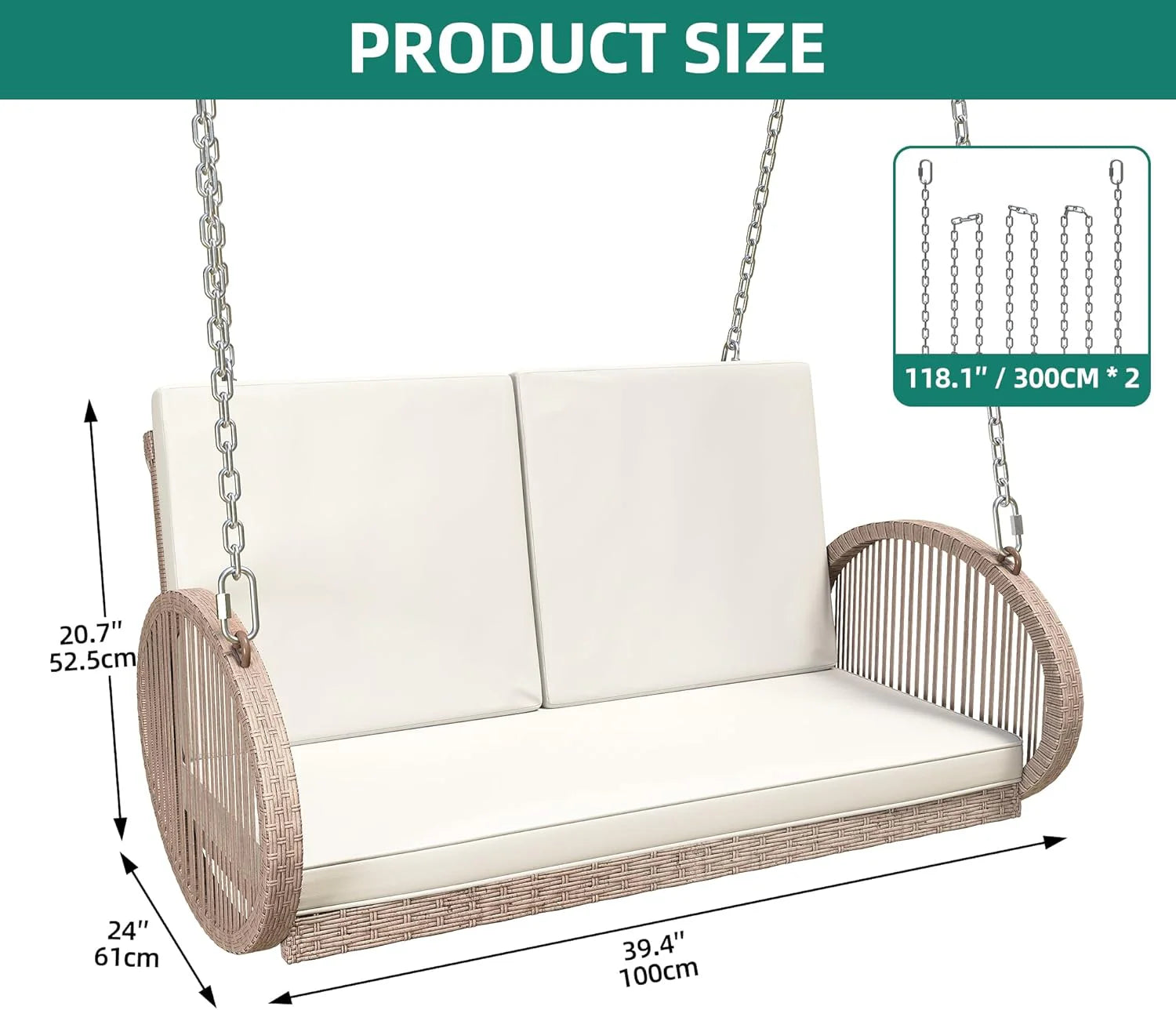 YITAHOME Hanging Porch Swing Chair Sits 3 People, Wicker Outdoor Swing Bench, Patio Lounge Chair, 1 Seating Cushion and 3 Back Cushions, w/Removable Covers, for Garden, Balcony, Backyard, Brown