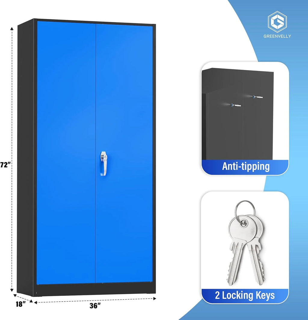 Greenvelly Metal Storage Cabinet, 72 Black Locking Metal Cabinet with 2 Doors and 4 Adjustable Shelves, Lockable Garage Storage Cabinets for Home Office, Garage, Kitchen, Living Room