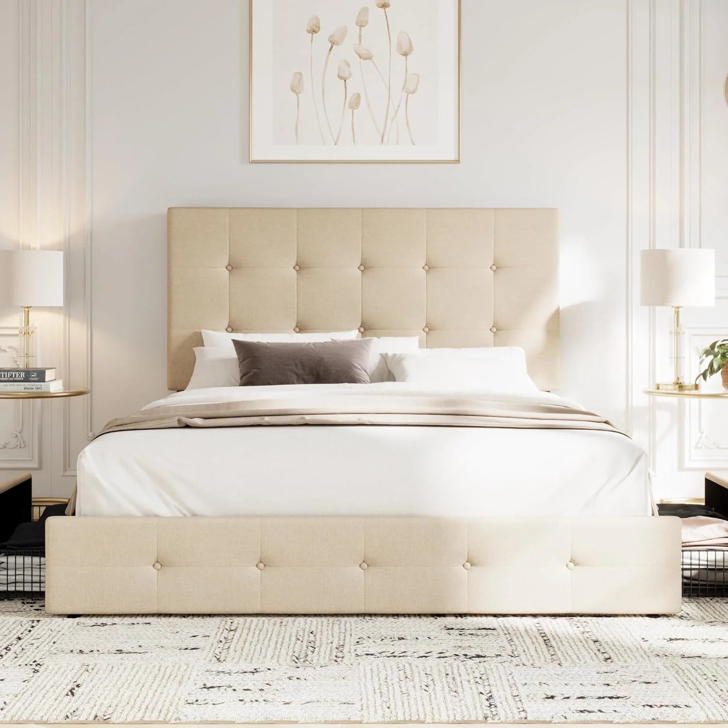 Allewie Upholstered Queen Size Platform Bed Frame with 4 Storage Drawers and Headboard