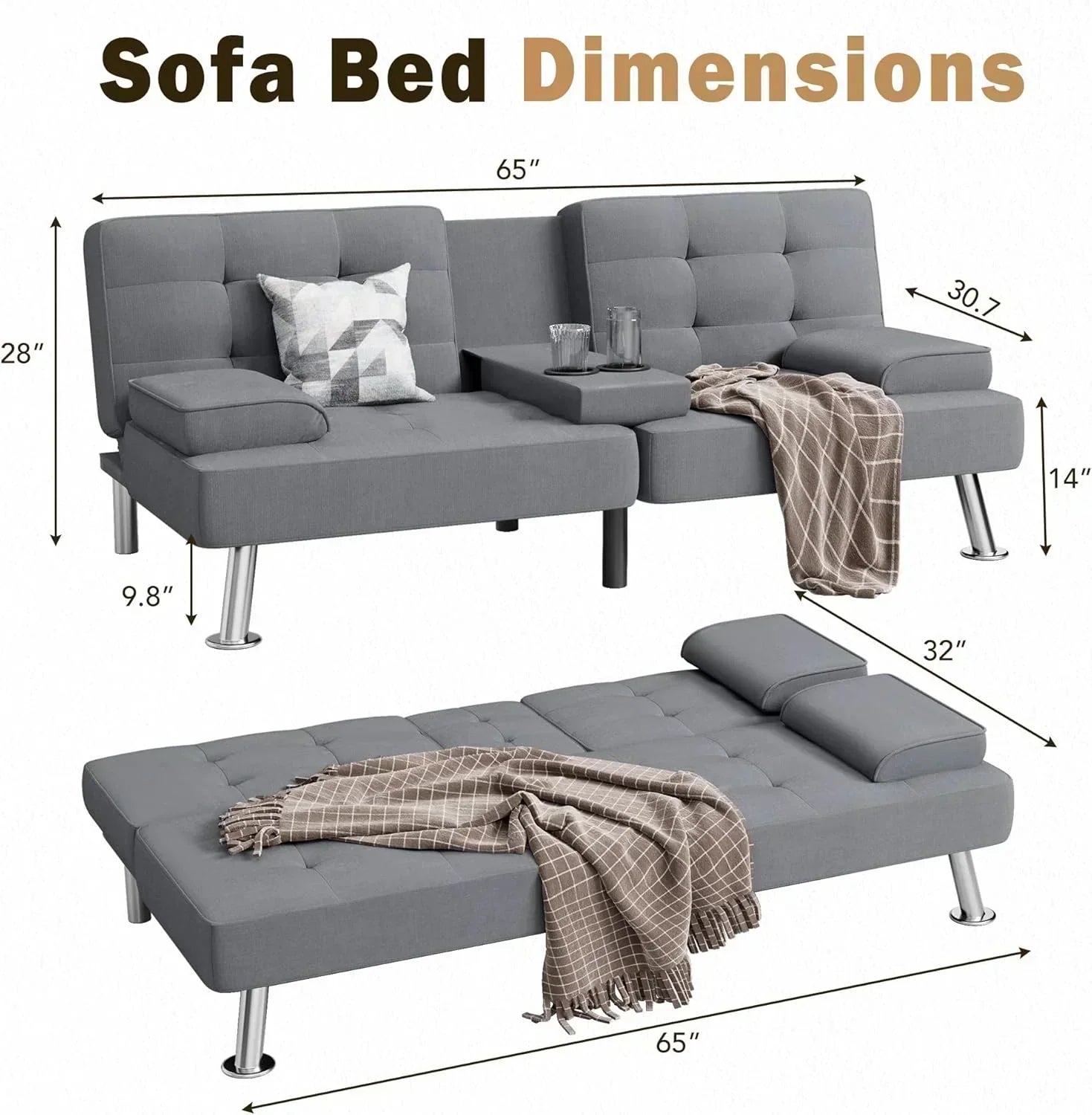 Shahoo Modern Linen Upholstered Convertible Folding Futon Sofa Bed with Removable Armrests
