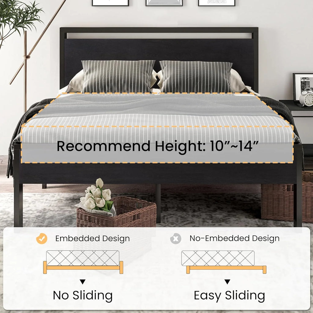 SHA CERLIN 14 Inch Queen Size Metal Platform Bed Frame with Wooden Headboard and Footboard