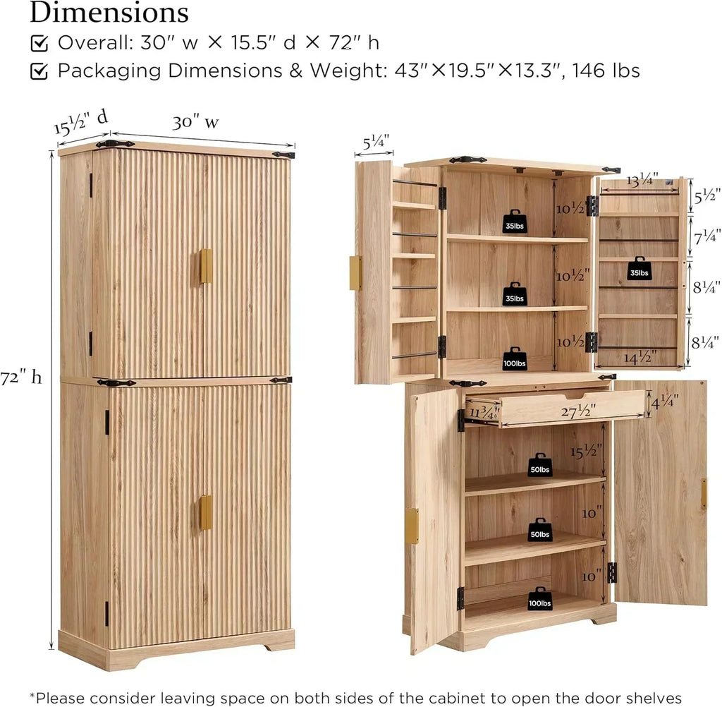 Fluted Pantry Cabinet 72 Tall Modern Storage Cabinet with 4 Doors Organizer Drawer