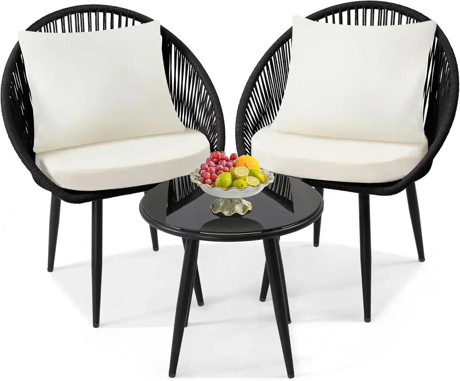 3 Piece Bistro Set Woven Rope Chair with Cushions All Weather Patio Conversation Set Side Table