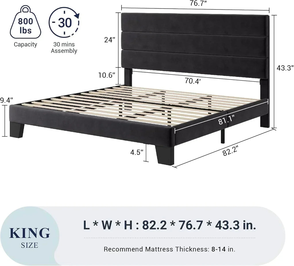 Allewie King size platform bed frame with velvet upholstered headboard and planks