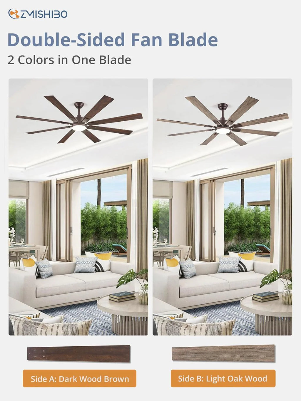 ZMISHIBO 72 inch Large Ceiling Fans with Lights and Remote, Indoor/Outdoor Black Modern Ceiling Fan for Kitchen Living Room Patio, 6 Speed Reversible Quiet DC Motor, 3 CCT, Dual Finish 8 Blades