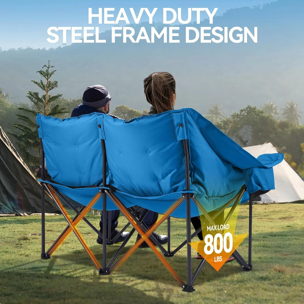 Double Camping Chairs Padded Loveseat Chair for 2 Person - Heavy Duty Oversized Camping Couch for Adults Outdoor Lawn Beach - Portable Folding Sofa with Cup Holders and Carry Bag, Grey