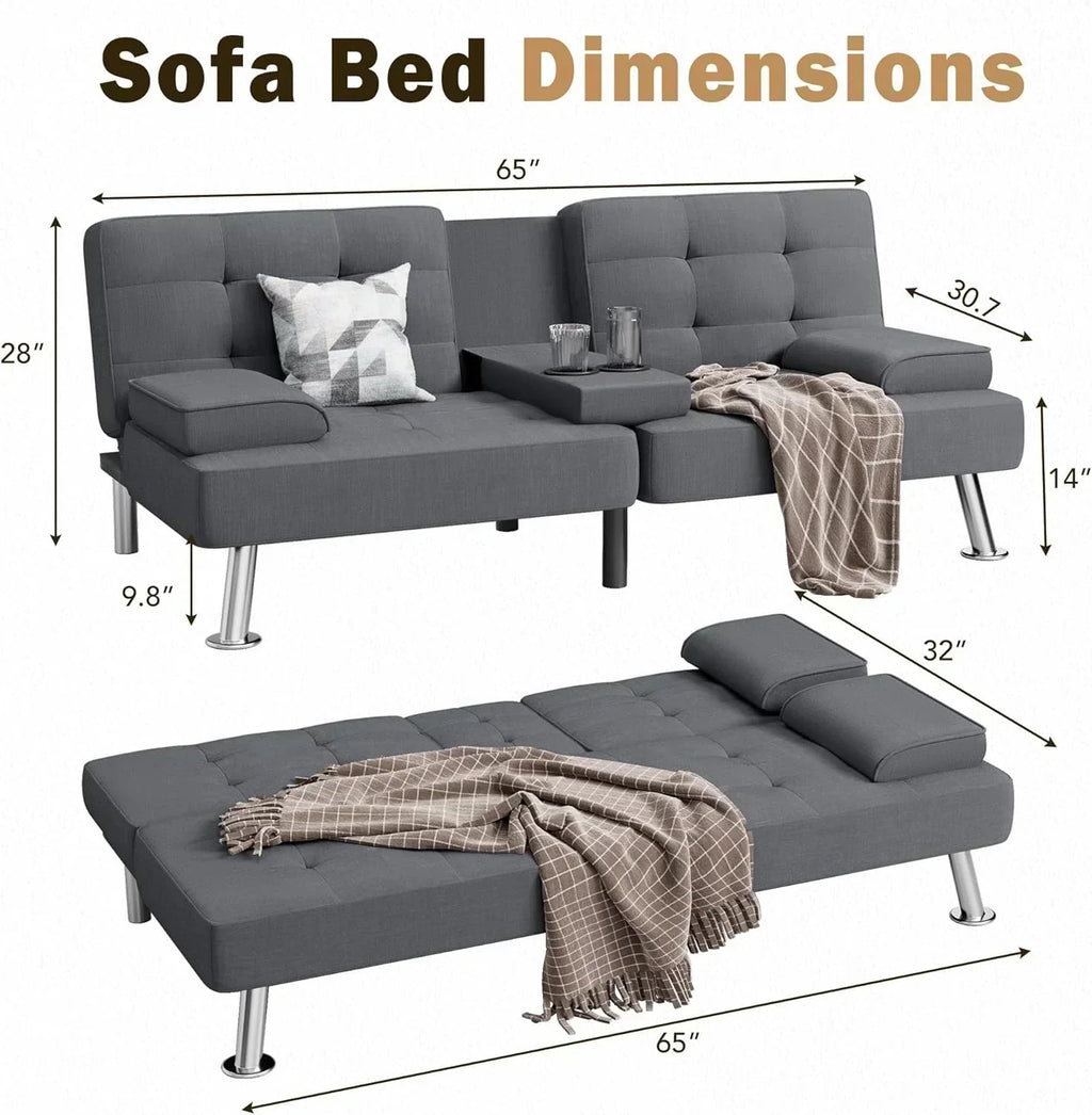 Shahoo Modern Linen Upholstered Convertible Folding Futon Sofa Bed with Removable Armrests