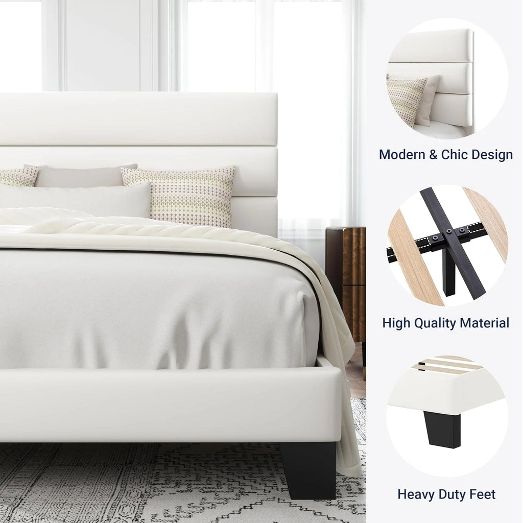 Allewie Queen Size Platform Bed Frame Fabric Upholstered Headboard Wooden Slats Support