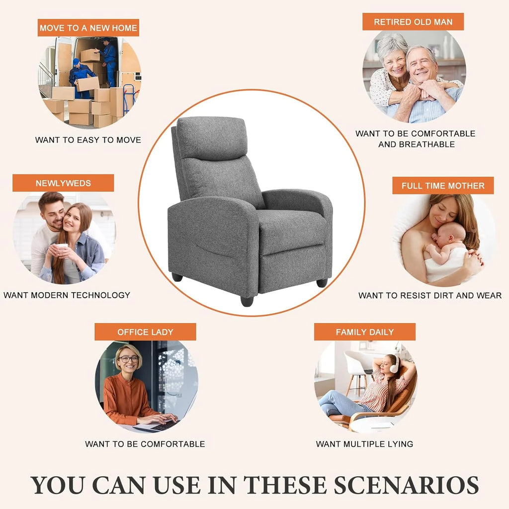 Sweetcrispy Massage Recliner Chair for Adults, Adjustable Home Theater Seating with Lumbar Support for Living Room, Modern Fabric Reclining, Pure Black