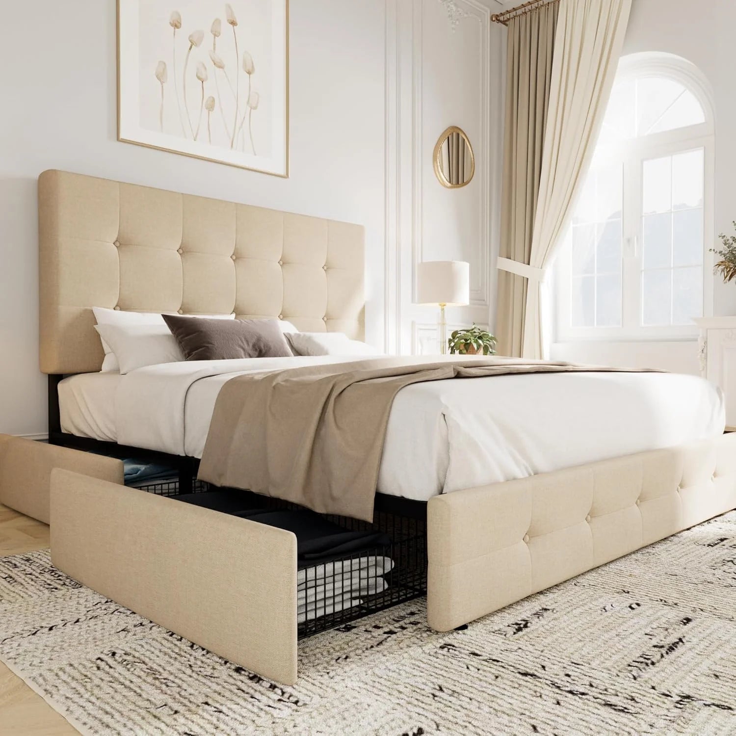 Allewie Upholstered Queen Size Platform Bed Frame with 4 Storage Drawers and Headboard