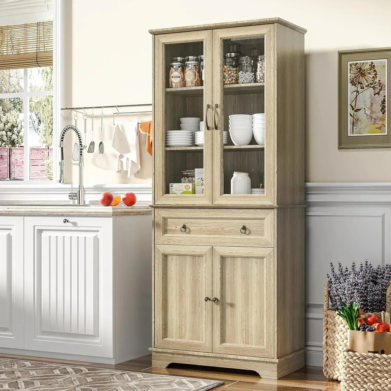 Kitchen Hutch Pantry Cabinet 71 Tall with Glass Doors