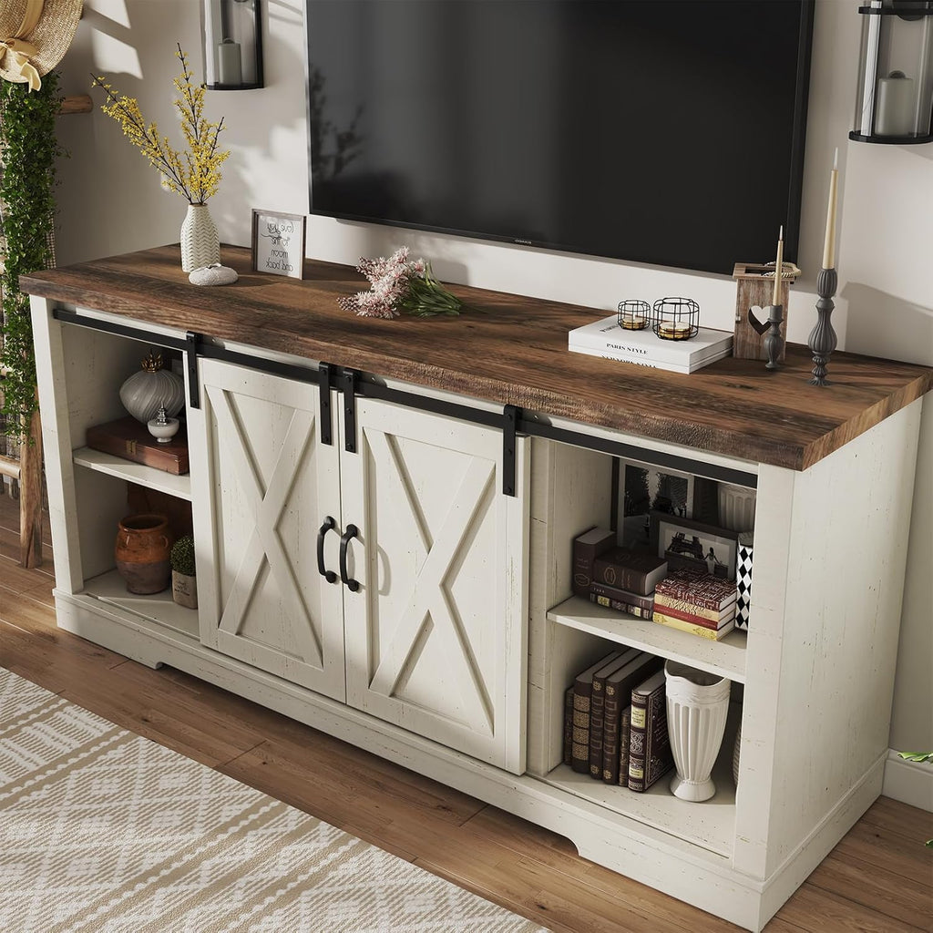 AMERLIFE Fireplace TV Stand with Sliding Barn Door  Farmhouse 63 Fireplace Entertainment Center