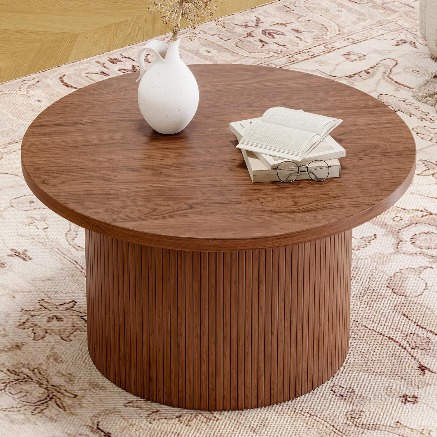 31.5 inch round coffee table living room roll-up coffee table mid-century modern wood coffee table