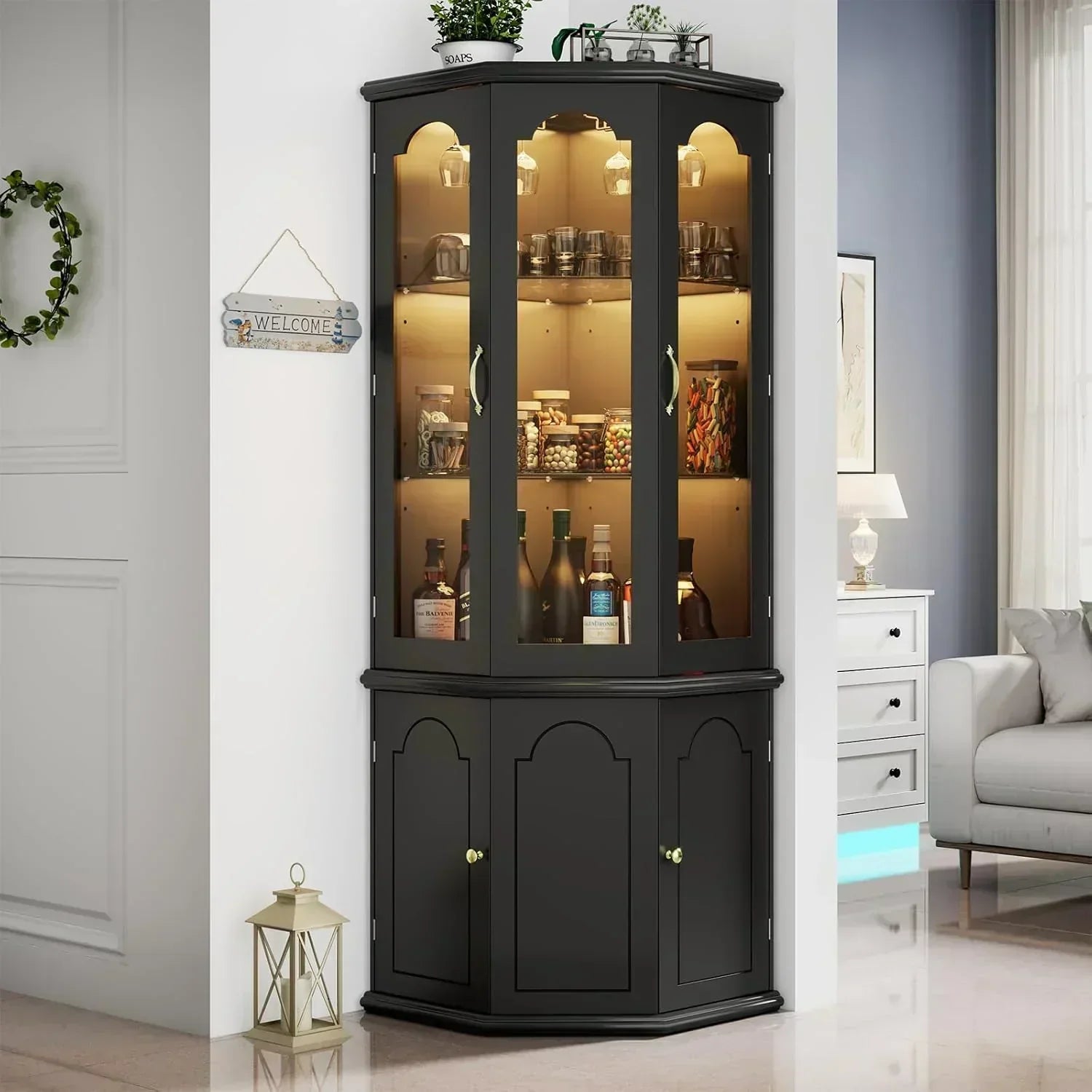 Corner wine cabinet with LED lights tall modern wine cabinet home bar wine storage cabinet