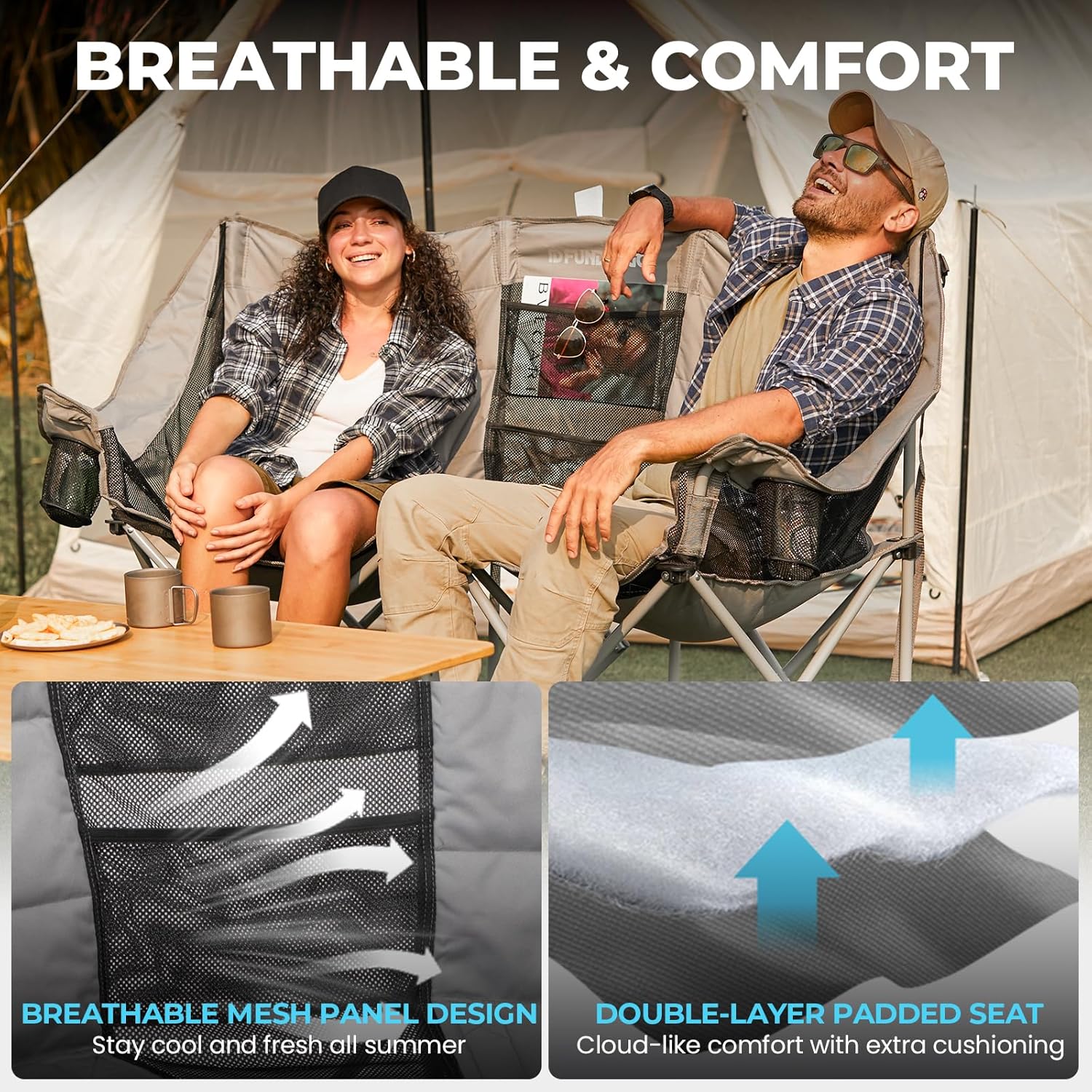 Double Camping Chair Cooler 3-Person Folding Extra Large Camping Chair 1000-Pound Capacity