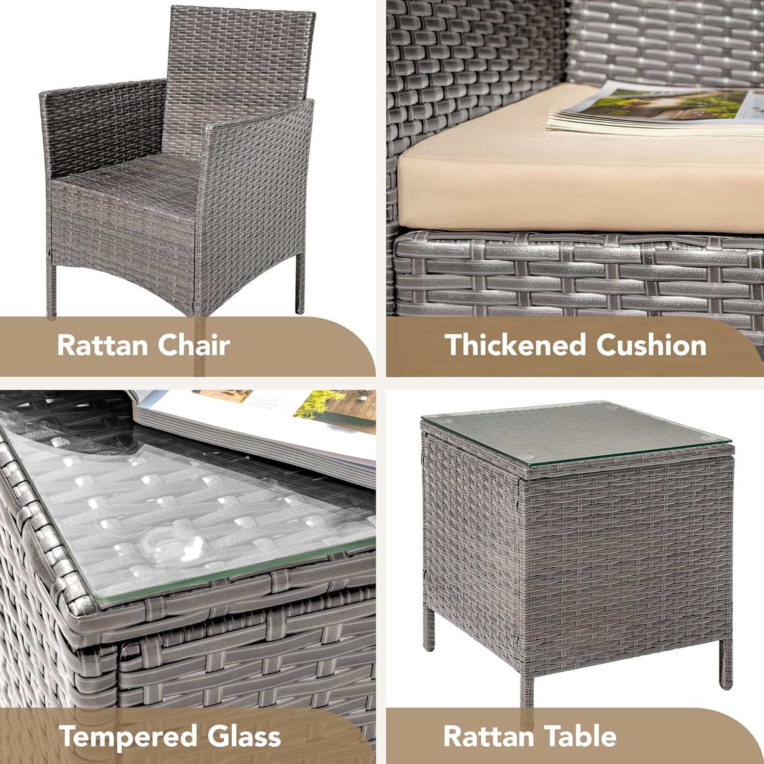 Devoko Patio Porch Furniture Sets 3 Pieces PE Rattan Wicker Chairs Outdoor Garden Furniture Sets