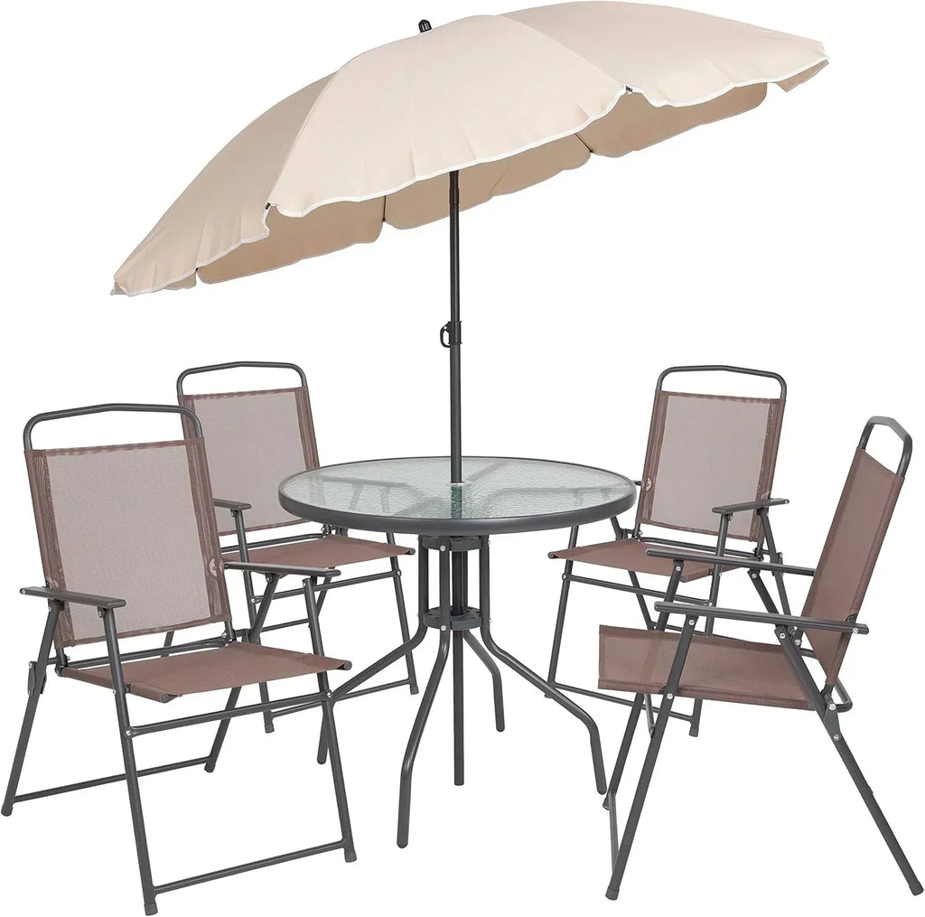 EMMA + OLIVER 6 Piece Brown Patio Garden Set with Umbrella Table Set of 4 Folding Chairs