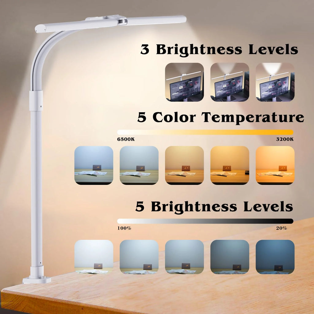 24W LED Desk Lamp with Clamp for Home Office Double Head 5 Brightness 5 Temperatures Gooseneck