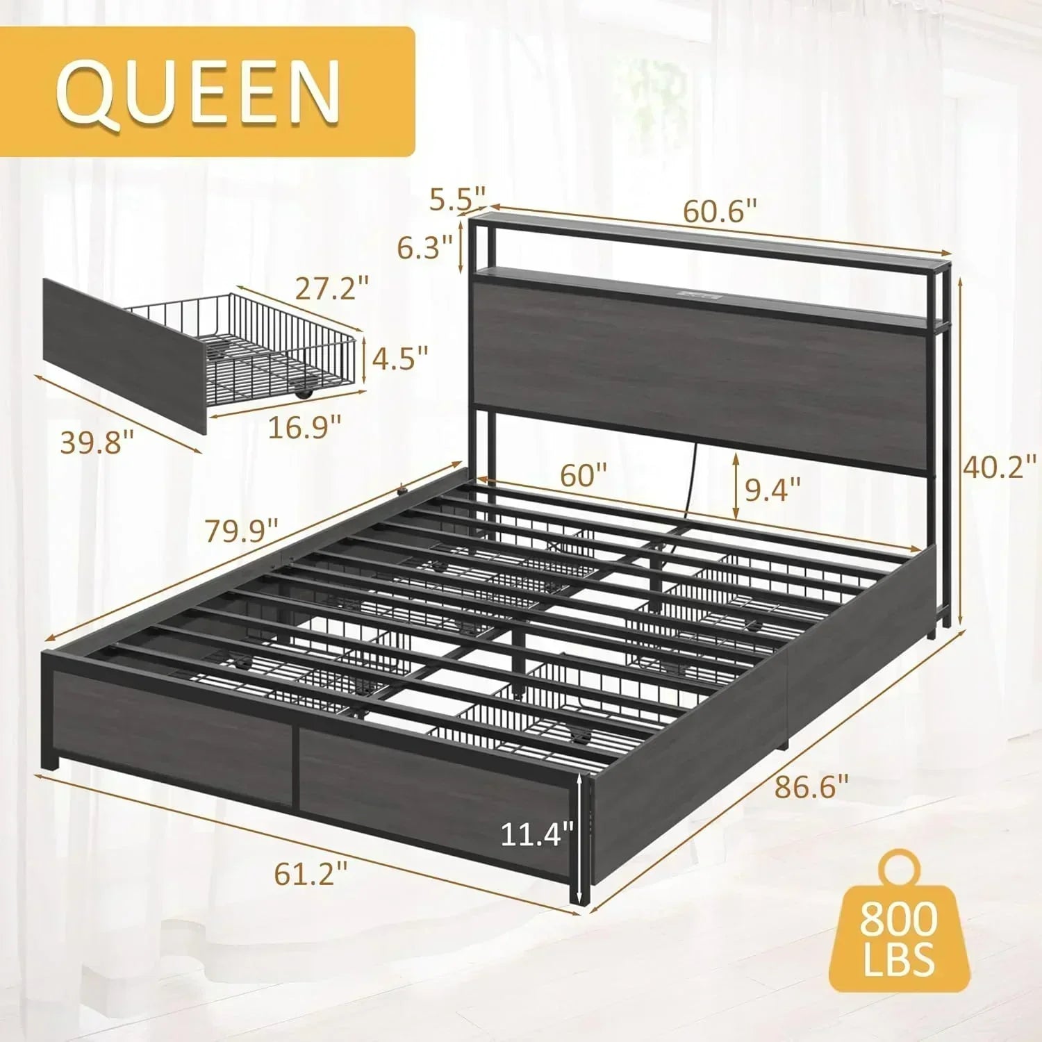 Lifezone Queen Bed Frame 2-Tier Storage Headboard Metal Platform Bed Frame 4 Storage Drawers