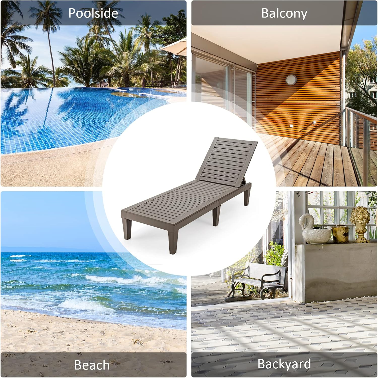 Outdoor Chaise Lounge Chair, Lightweight Patio Lounge Recliner Chair with Adjustable Backrest, 5 Reclining Positions Chaise Lounger for Patio, Beach, Balcony, Poolside, Backyard (1, Black)