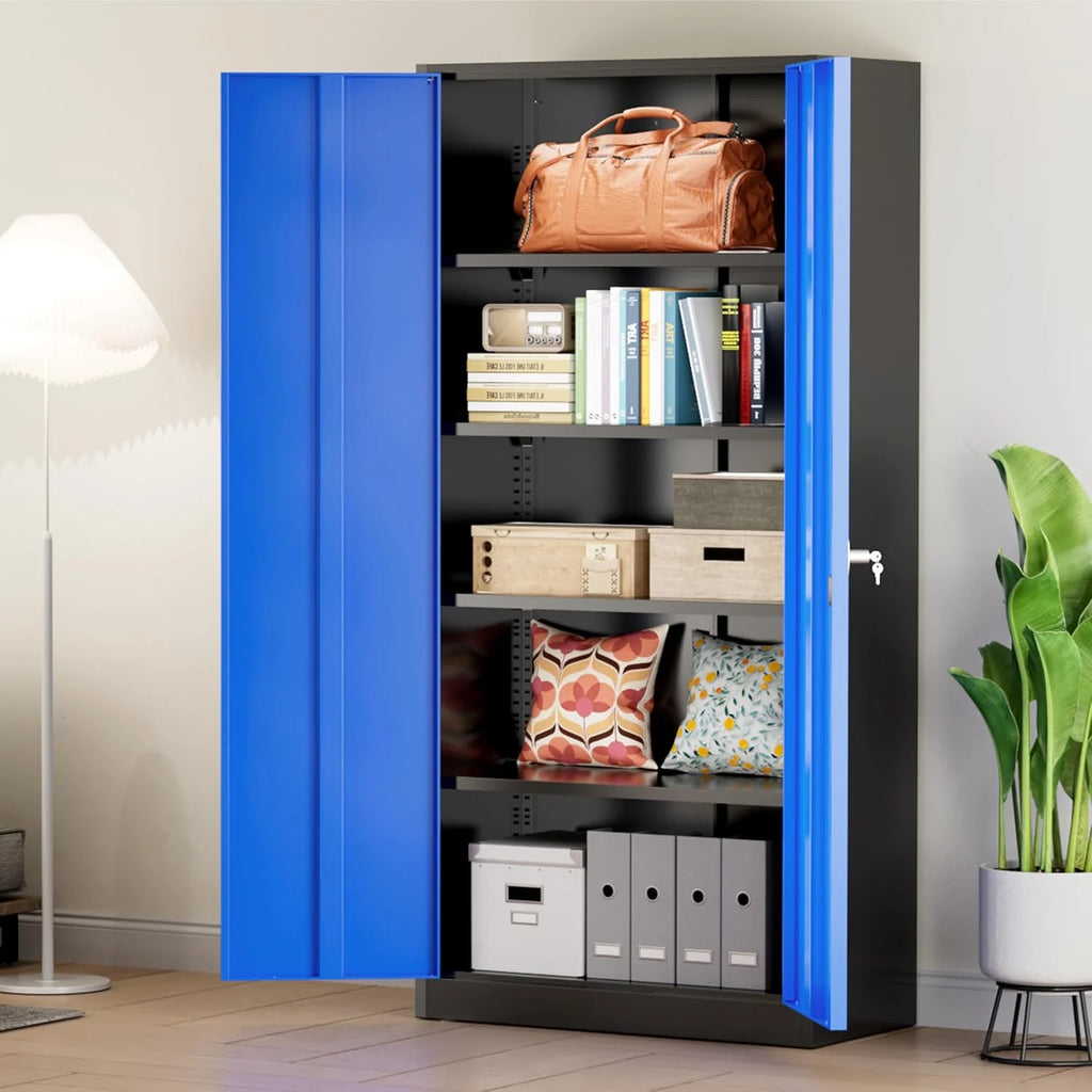 Greenvelly Metal Storage Cabinet, 72 Black Locking Metal Cabinet with 2 Doors and 4 Adjustable Shelves, Lockable Garage Storage Cabinets for Home Office, Garage, Kitchen, Living Room