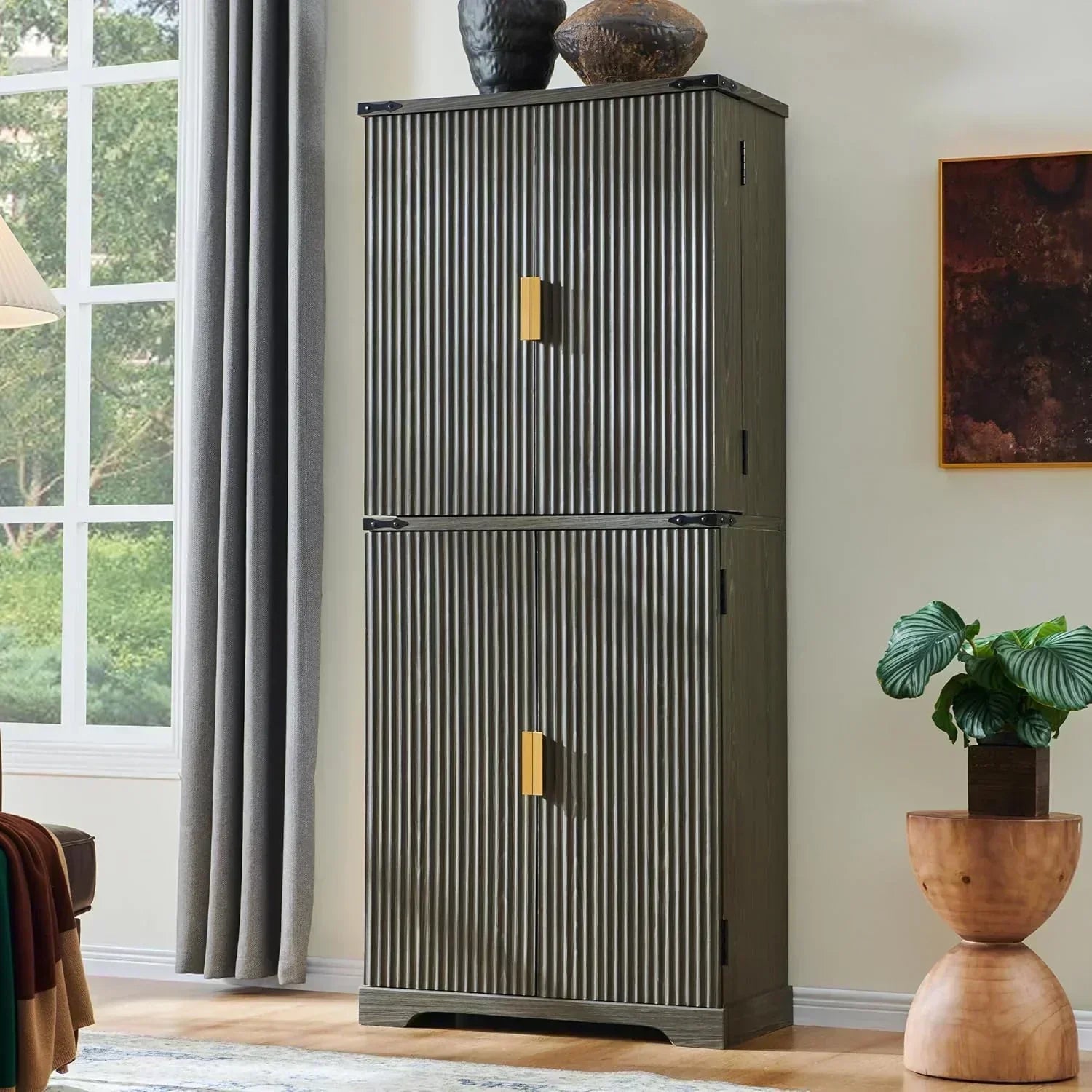 Fluted Pantry Cabinet 72 Tall Modern Storage Cabinet with 4 Doors Organizer Drawer