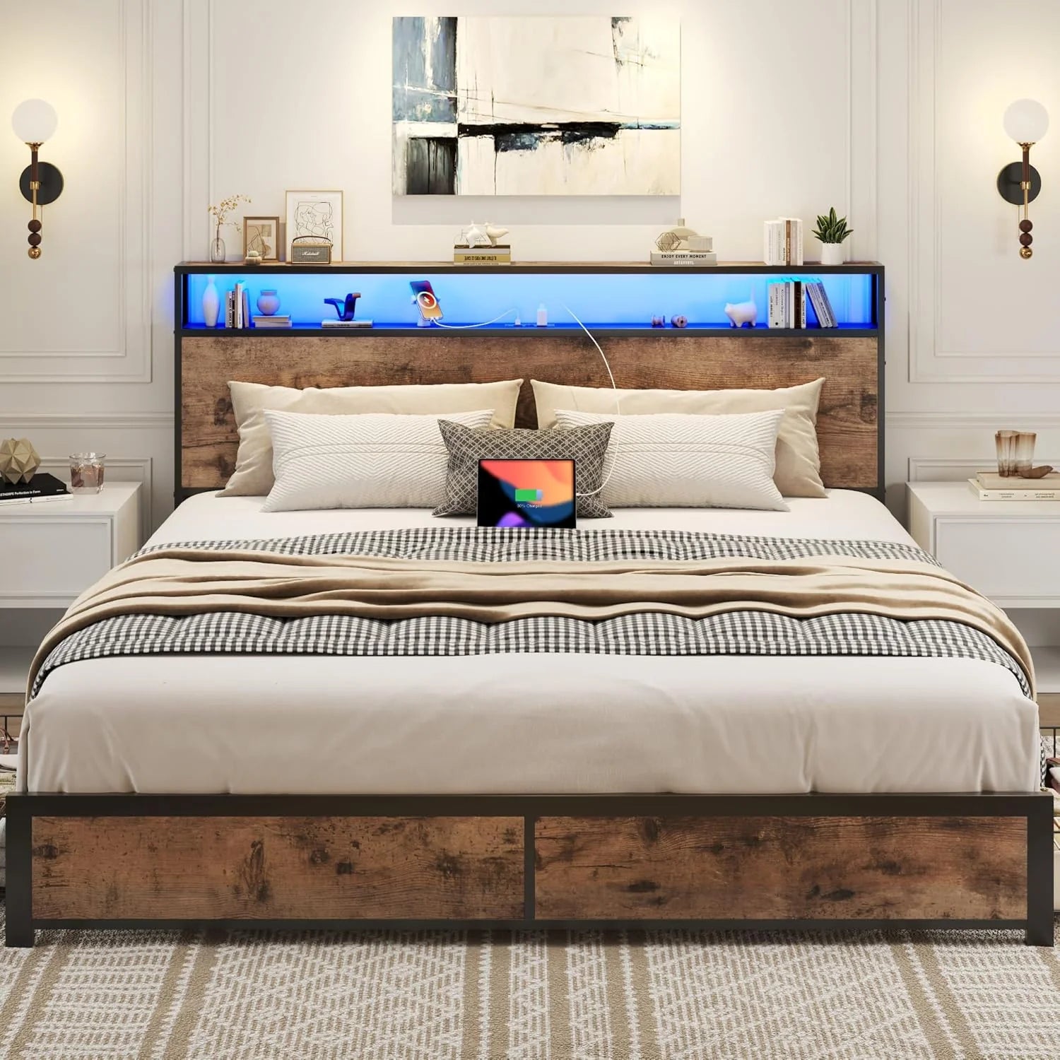 Lifezone Queen Bed Frame with 2-Tier Storage Headboard, Metal Platform Bed Frame with 4 Storage Drawers, Built in Charging Station & LED, Noise-Free/Metal Support/No Box Spring Needed