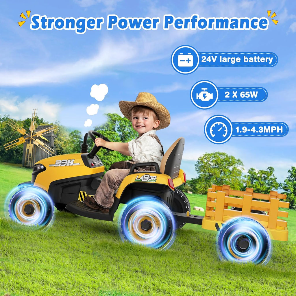 24V Ride On Tractor Tiltable Detachable Trailer 2x65W Motors EVA Tires Remote Control