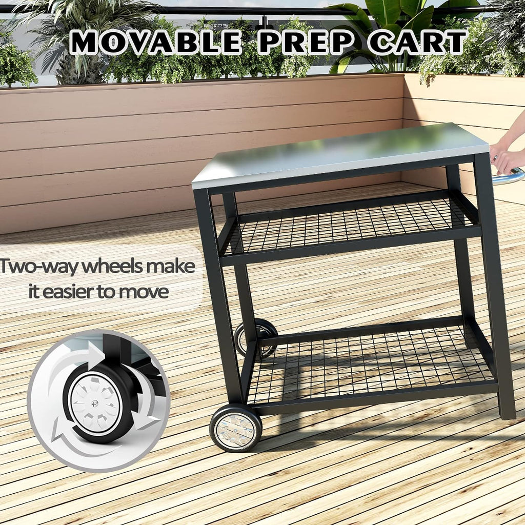 Stainless Steel Outdoor Grill Cart Pizza Oven Stand Trolley Table with Wheels Three-Shelf Movable Food Prep and Work Table Heavy Duty Grill Carts Outdoor Cart 31.5×24×35.5