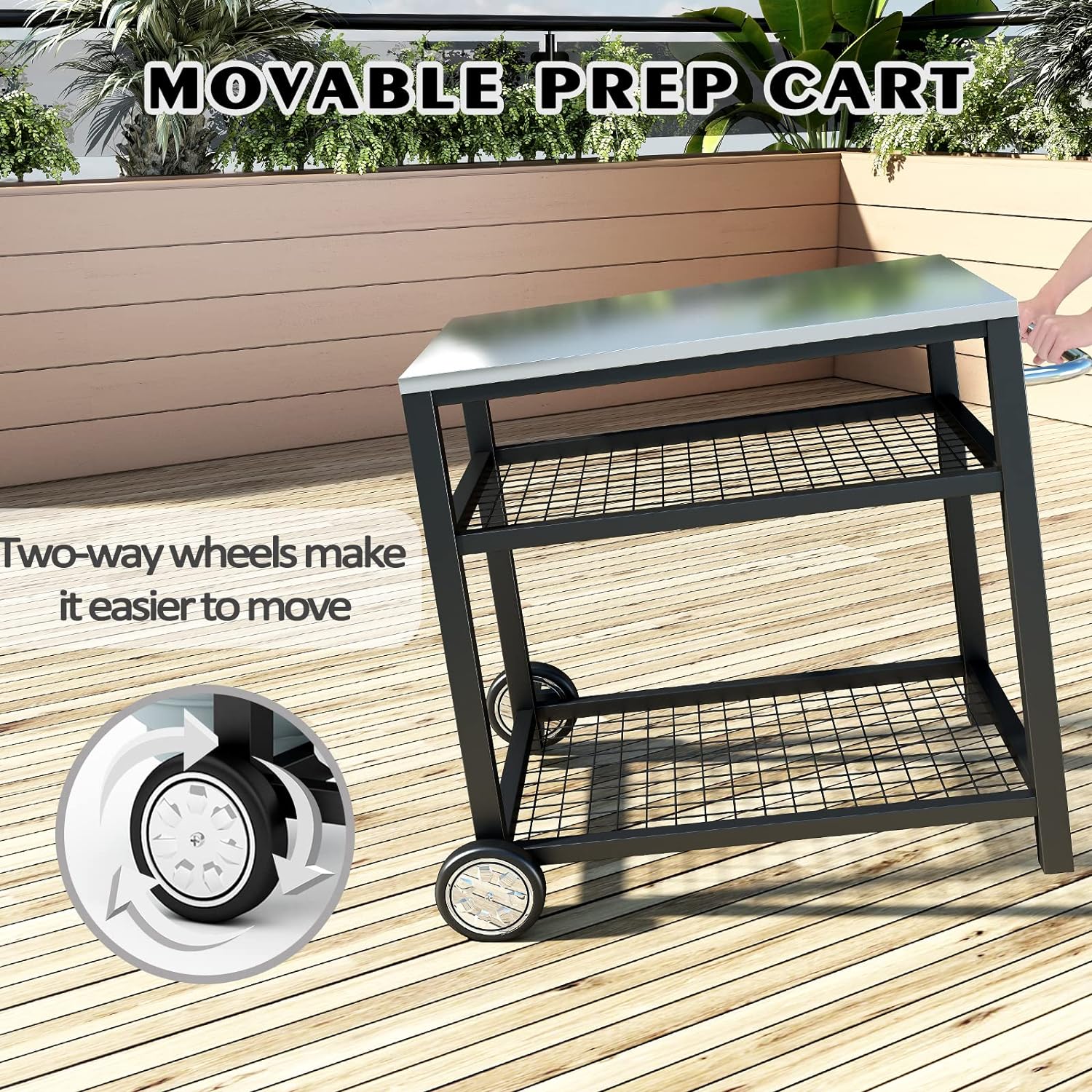 Stainless Steel Outdoor Grill Cart Pizza Oven Stand Trolley Table with Wheels Three-Shelf Movable Food Prep and Work Table Heavy Duty Grill Carts Outdoor Cart 31.5×24×35.5
