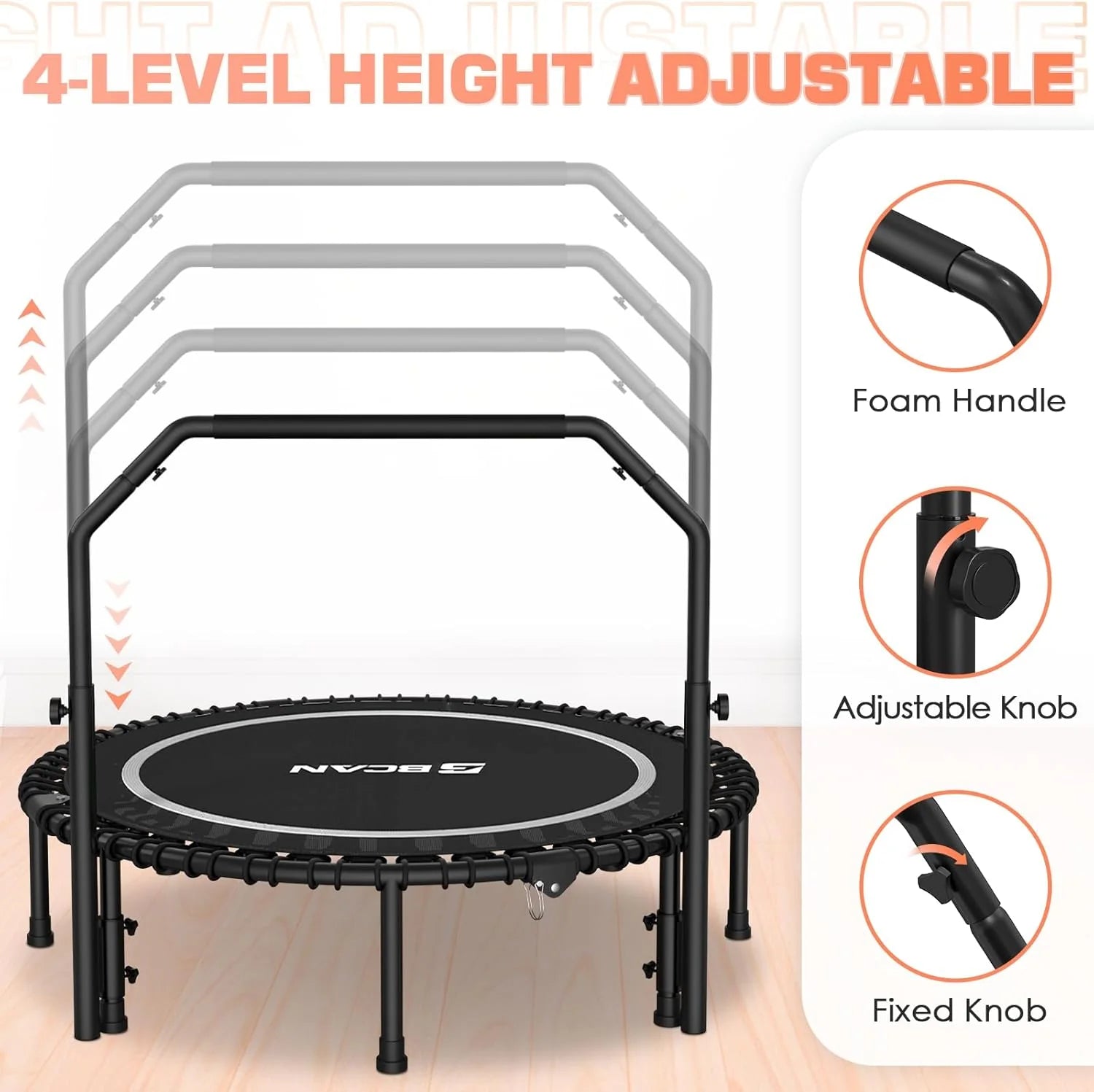 BCAN 450/550 LBS Foldable Mini Trampoline, 40/48 Fitness Trampoline with Bungees, U Shape Adjustable Foam Handle, Stable & Quiet Exercise Rebounder for Adults Indoor/Outdoor Workout