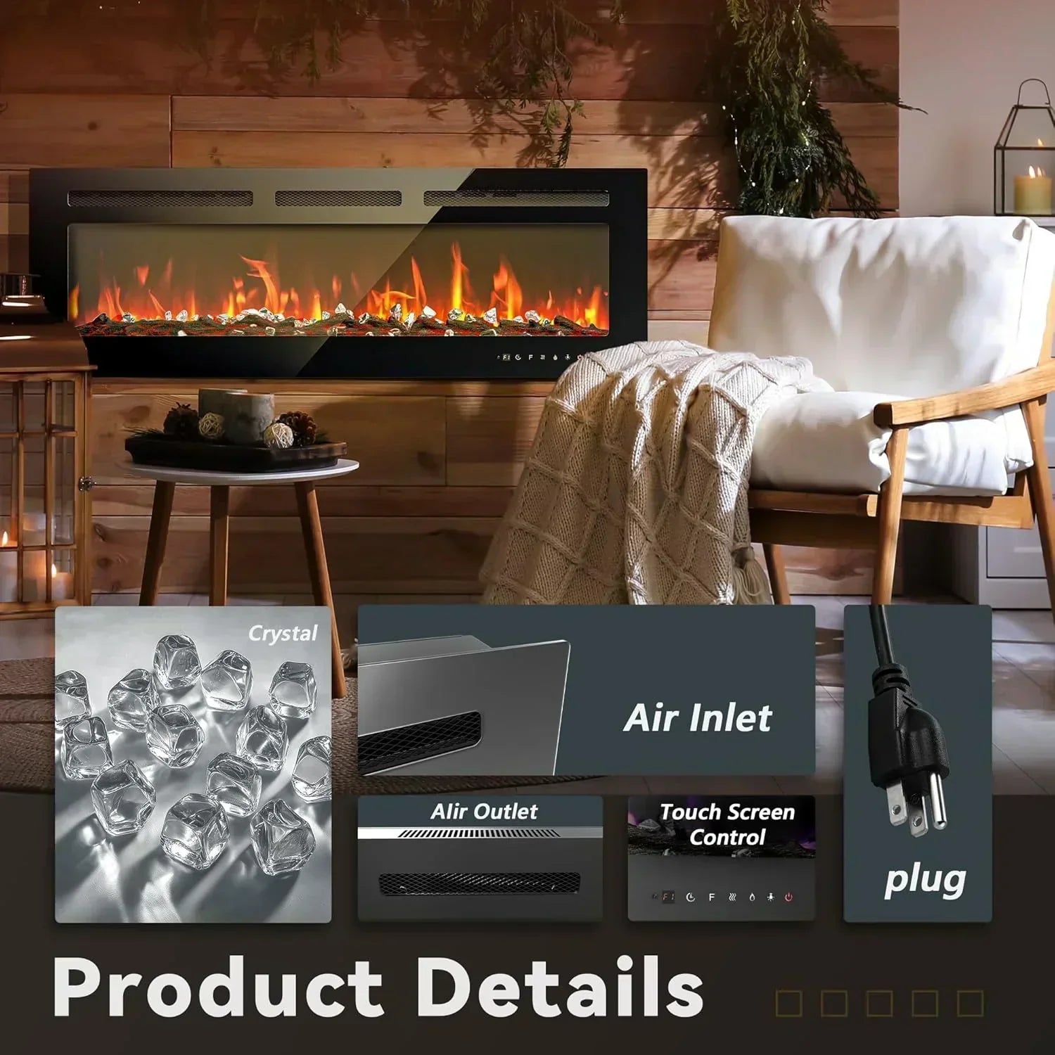 EUHOMY 50 Inch Electric Fireplace Wall Recessed Adjustable Flame Color Fireplace Heater