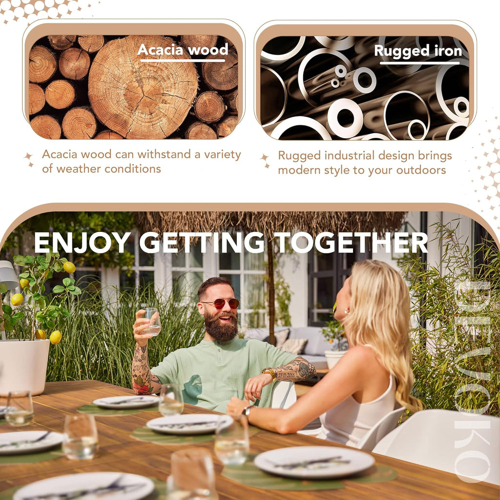 Devoko Home Acacia Wood Dining Table 6-Person Indoor Outdoor Table Iron Legs Sandblast Finish