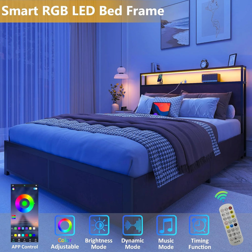 Lifezone Queen Bed Frame with 2-Tier Storage Headboard, Metal Platform Bed Frame with 4 Storage Drawers, Built in Charging Station & LED, Noise-Free/Metal Support/No Box Spring Needed
