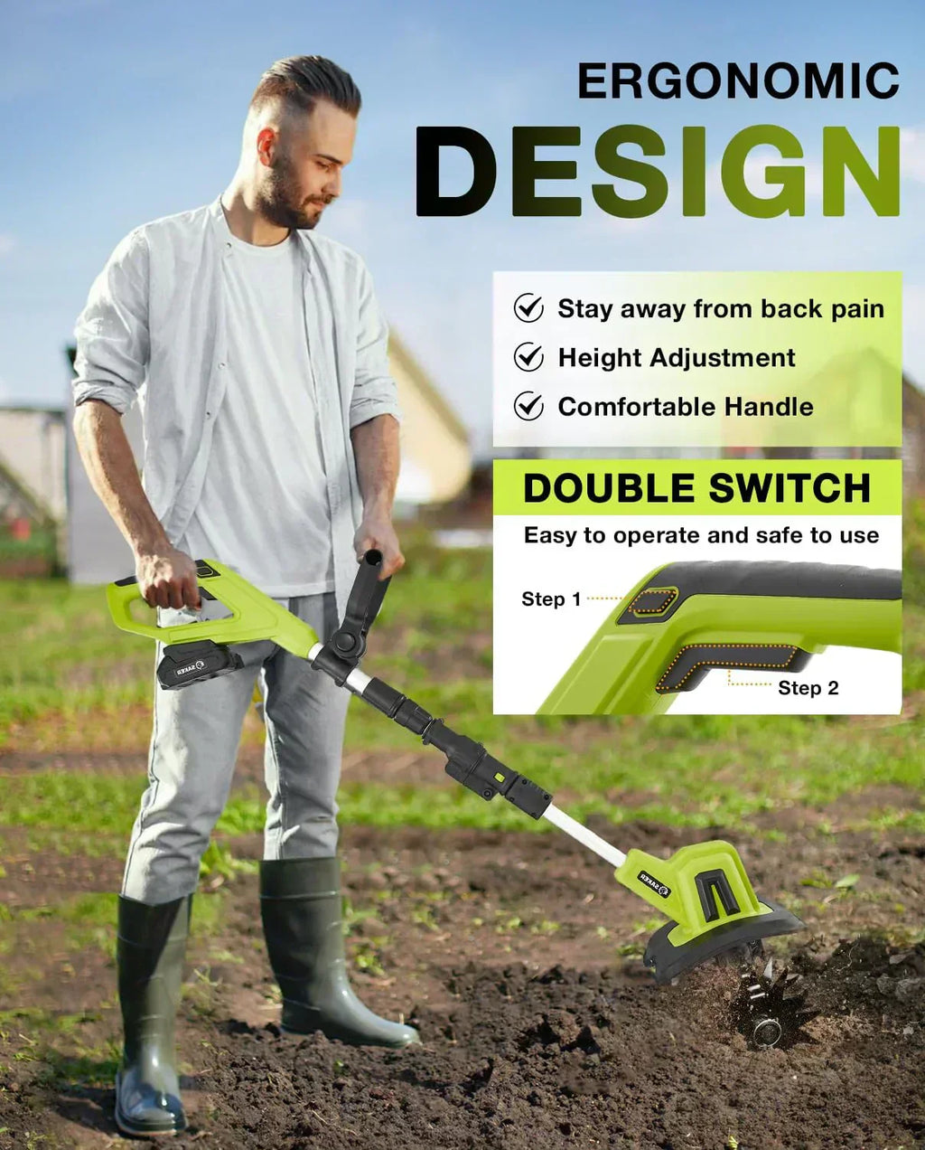 Saker 22V Cordless Electric Garden Tiller Cultivator Lightweight Rototiller for Gardening