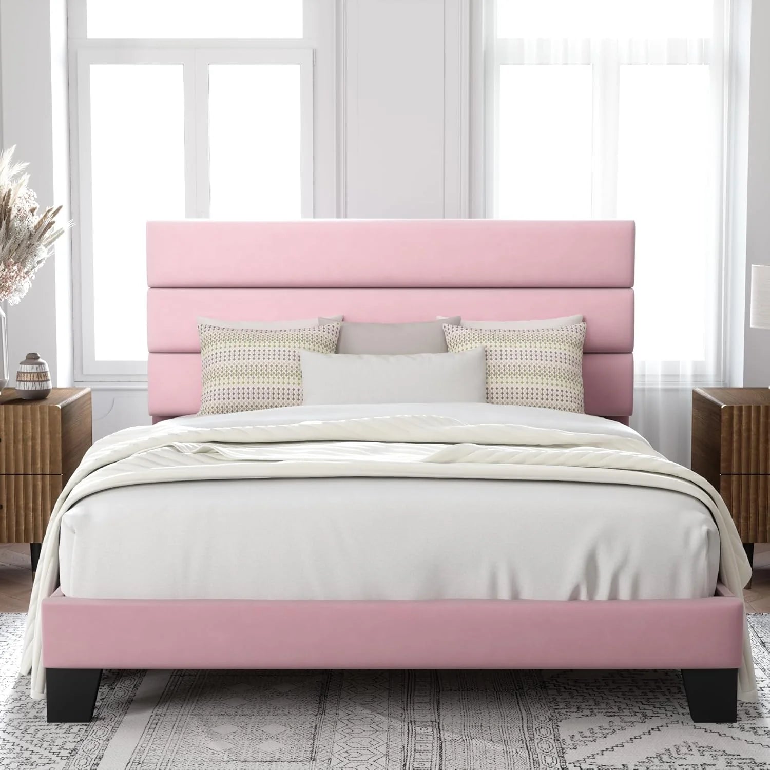 Allewie Queen Size Platform Bed Frame Fabric Upholstered Headboard Wooden Slats Support