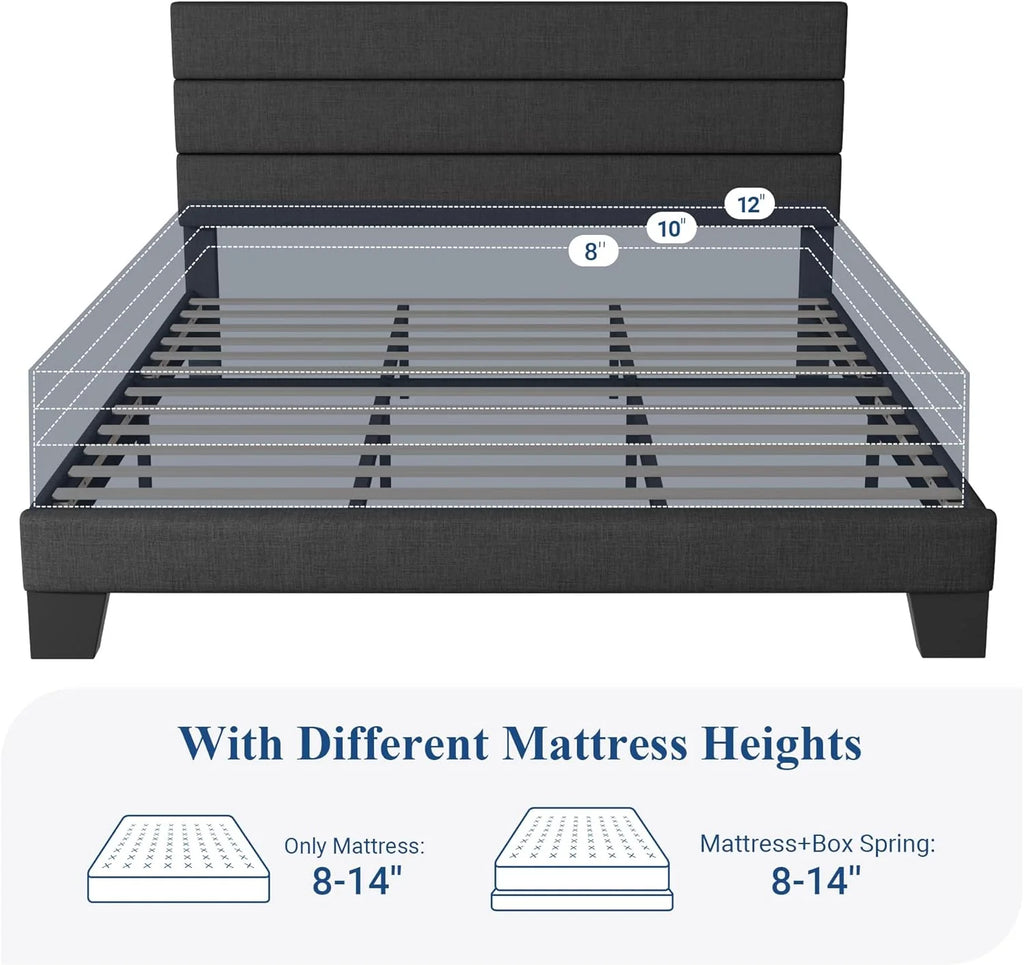 Allewie Queen Size Platform Bed Frame Fabric Upholstered Headboard Wooden Slats Support