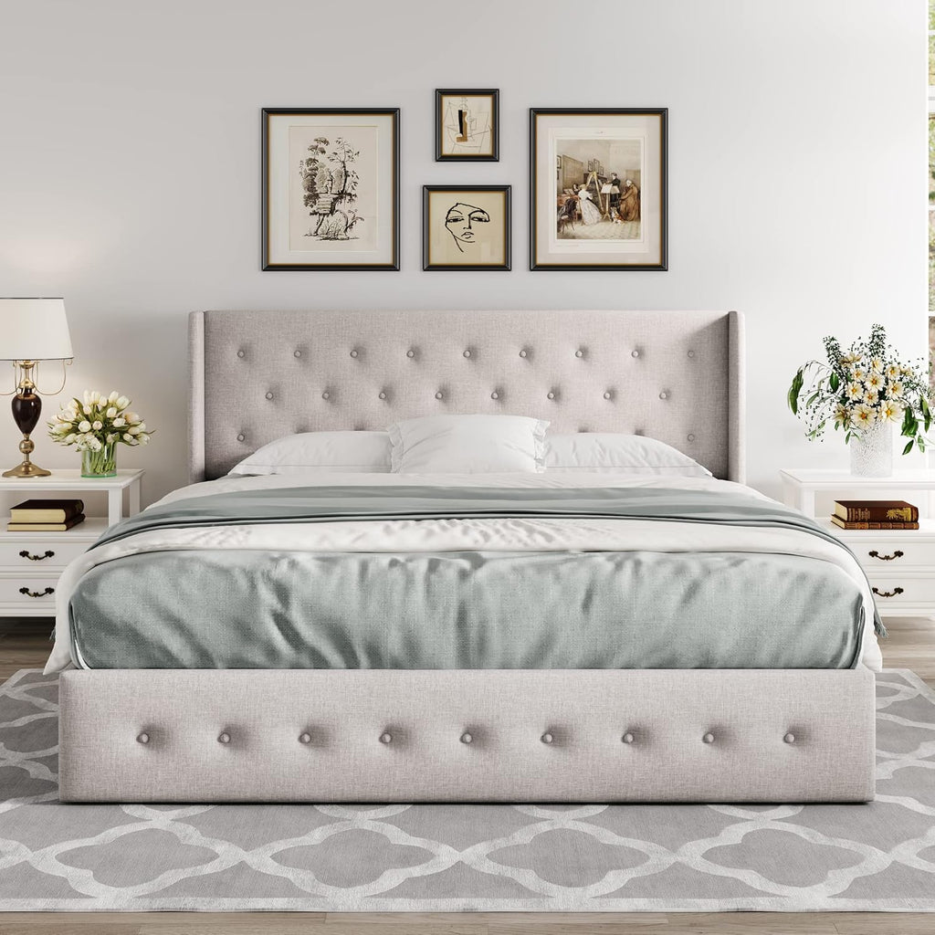 Allewie Queen Size Lift Up Storage Bed Modern Wingback Headboard Hydraulic Support