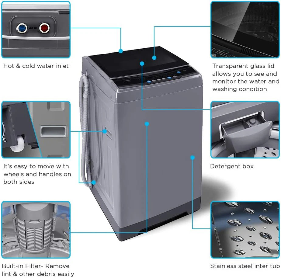 Comfee Portable Washing Machine, 0.9 cu.ft Compact Washer With LED Display, 5 Wash Cycles, 2 Built-in Rollers, Space Saving Full-Automatic Washer