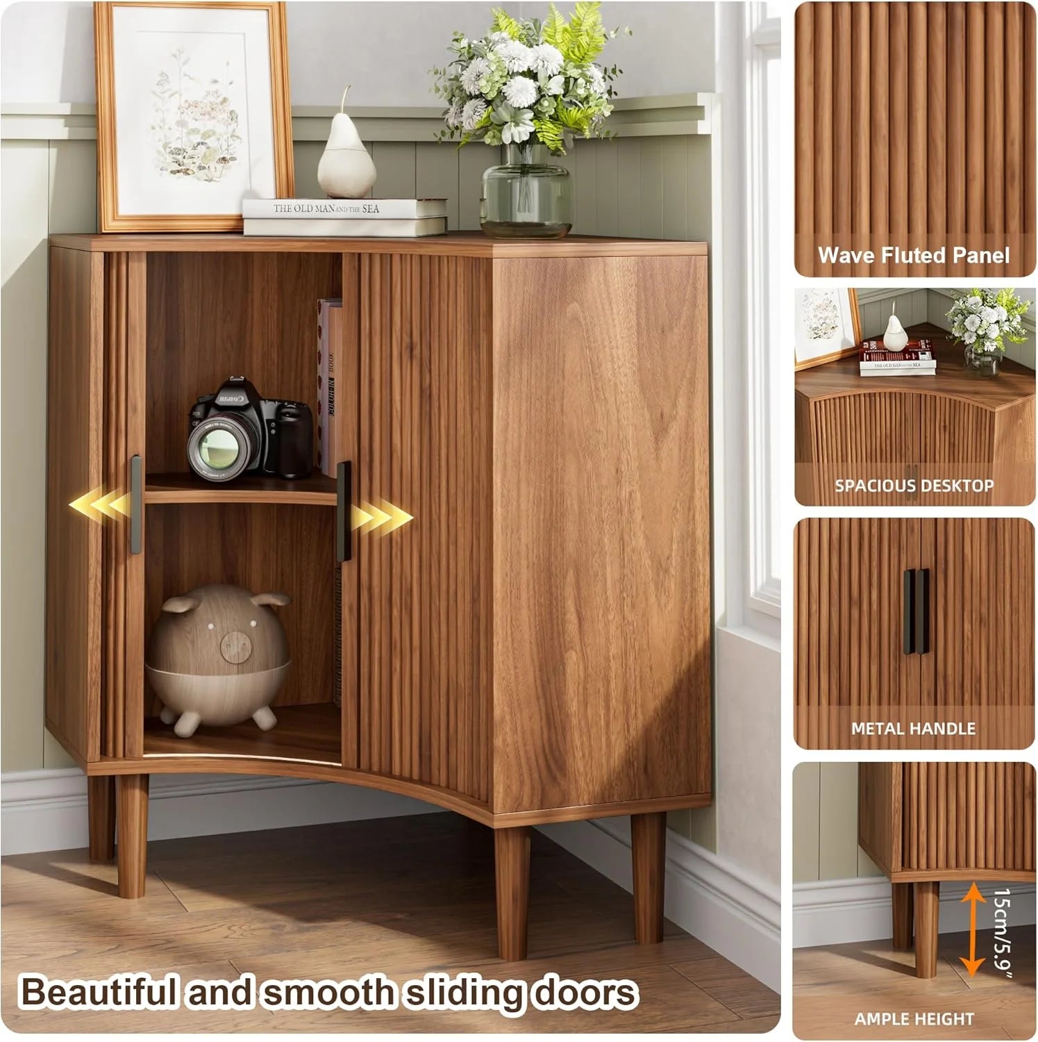Fluted corner cabinet, small corner base cabinet modern wooden storage organizer