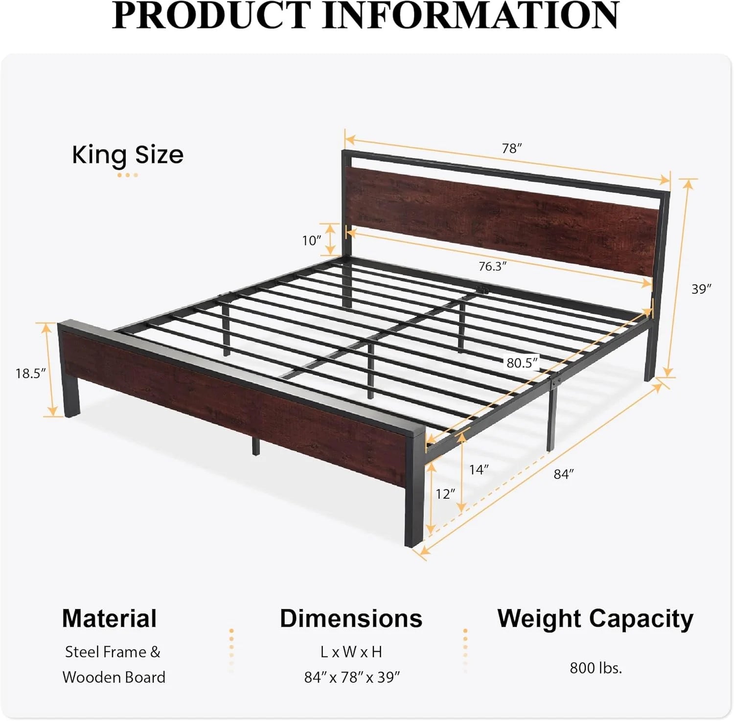 SHA CERLIN 14 Inch Full Size Metal Platform Bed Frame with Wooden Headboard and Footboard