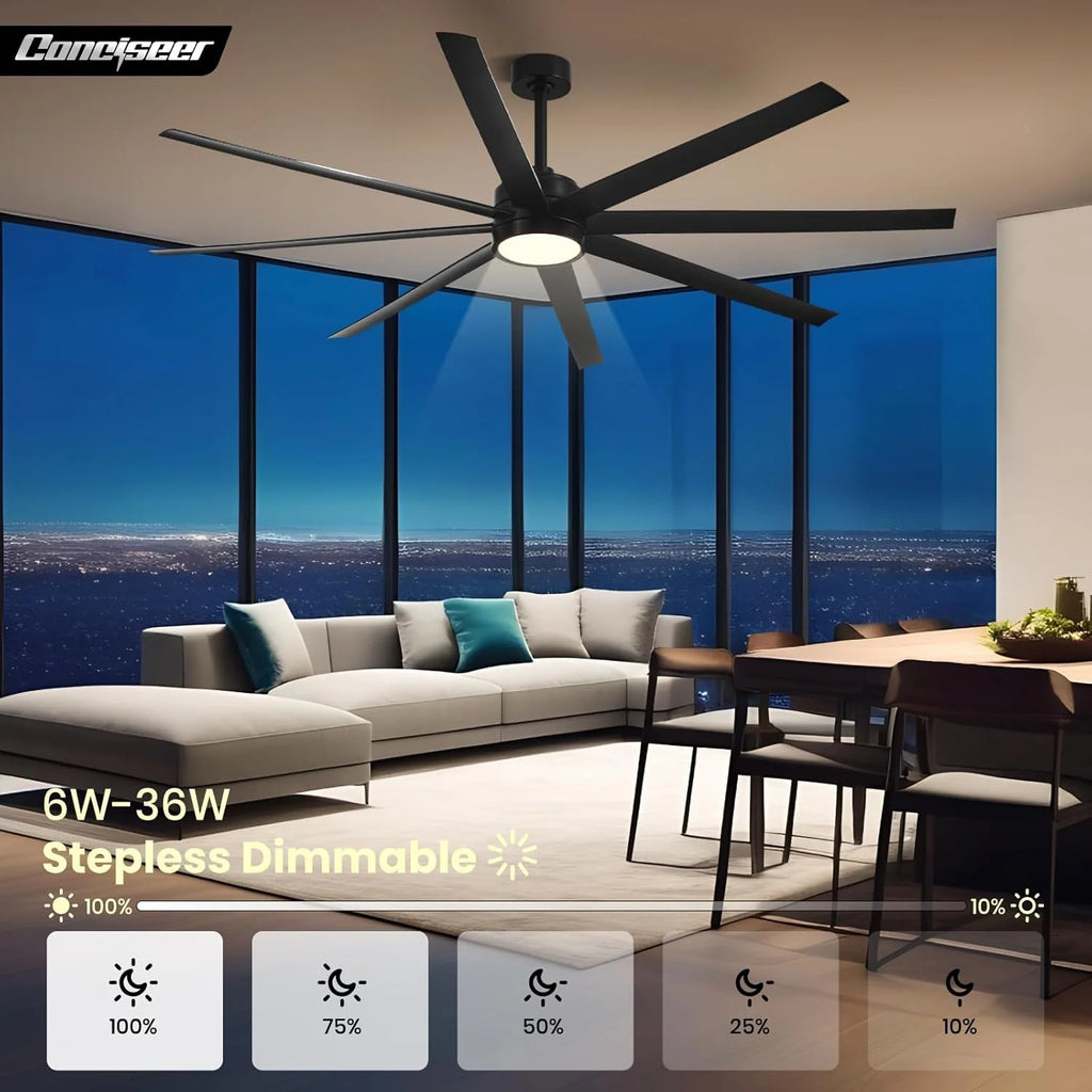 Modern Ceiling Fans with Lights, 72 Inch Ceiling Fan with Light and Remote, Bedroom Living Room Library Cafe Outdoor/Industrial,24W 3CCT Dimmable, 8 Blades 6 Speed Reversible Quiet DC Motor, Black