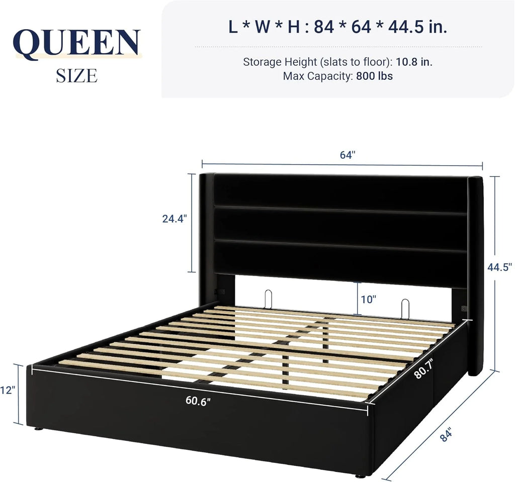 Allewie Queen Size Lift Up Storage Bed Modern Wingback Headboard Hydraulic Support