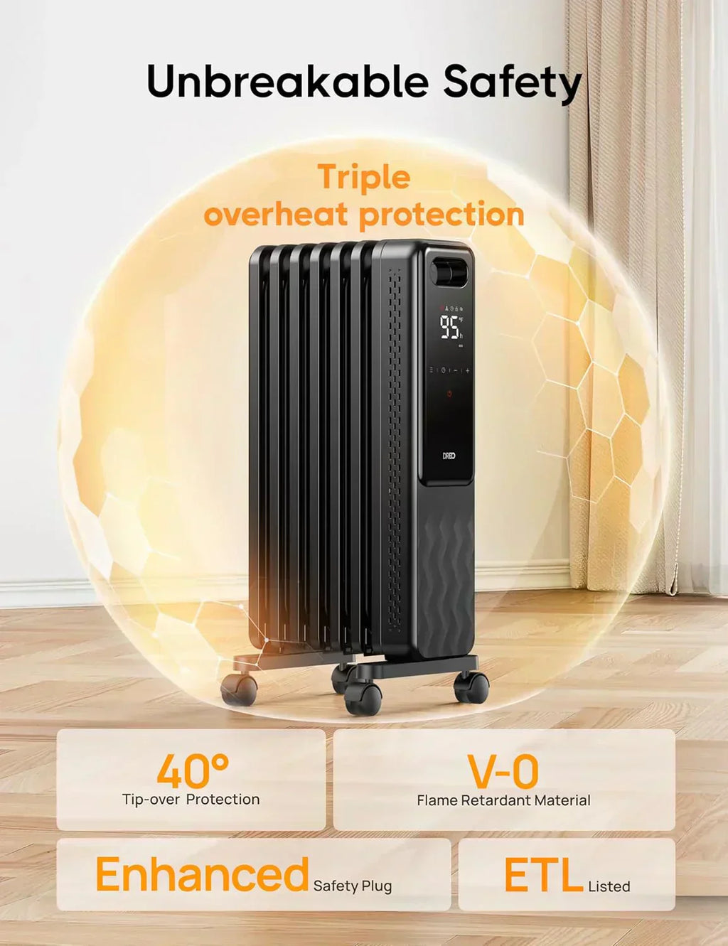 Indoor electric radiant heater with overheat and tip-over protection digital thermostat