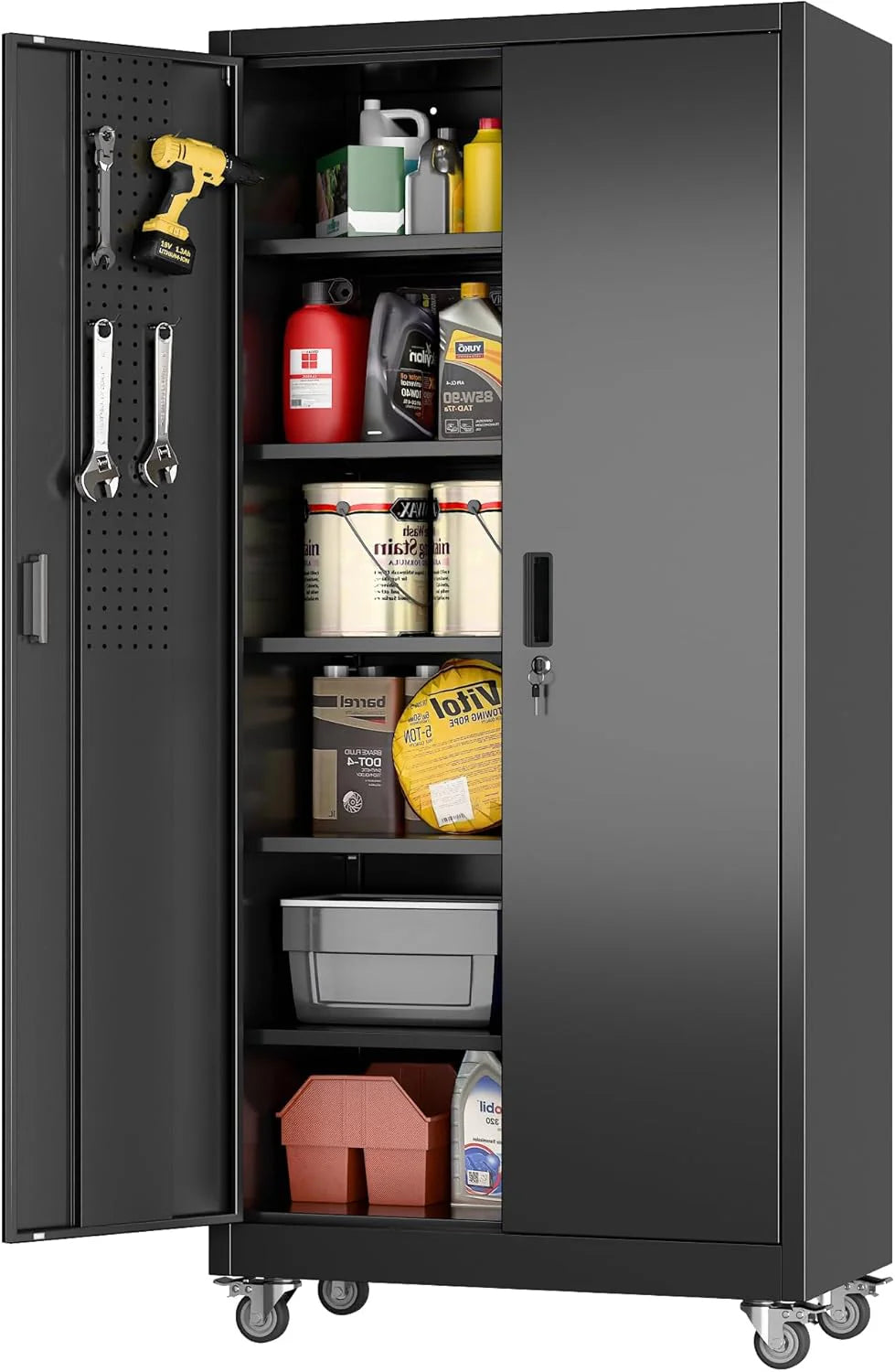 Aobabo 73''H Metal Garage Storage Cabinet with Wheels,Steel Cabinets with 2 Doors and 4 Adjustable Shelves for Home Office,Required Assembly,Black