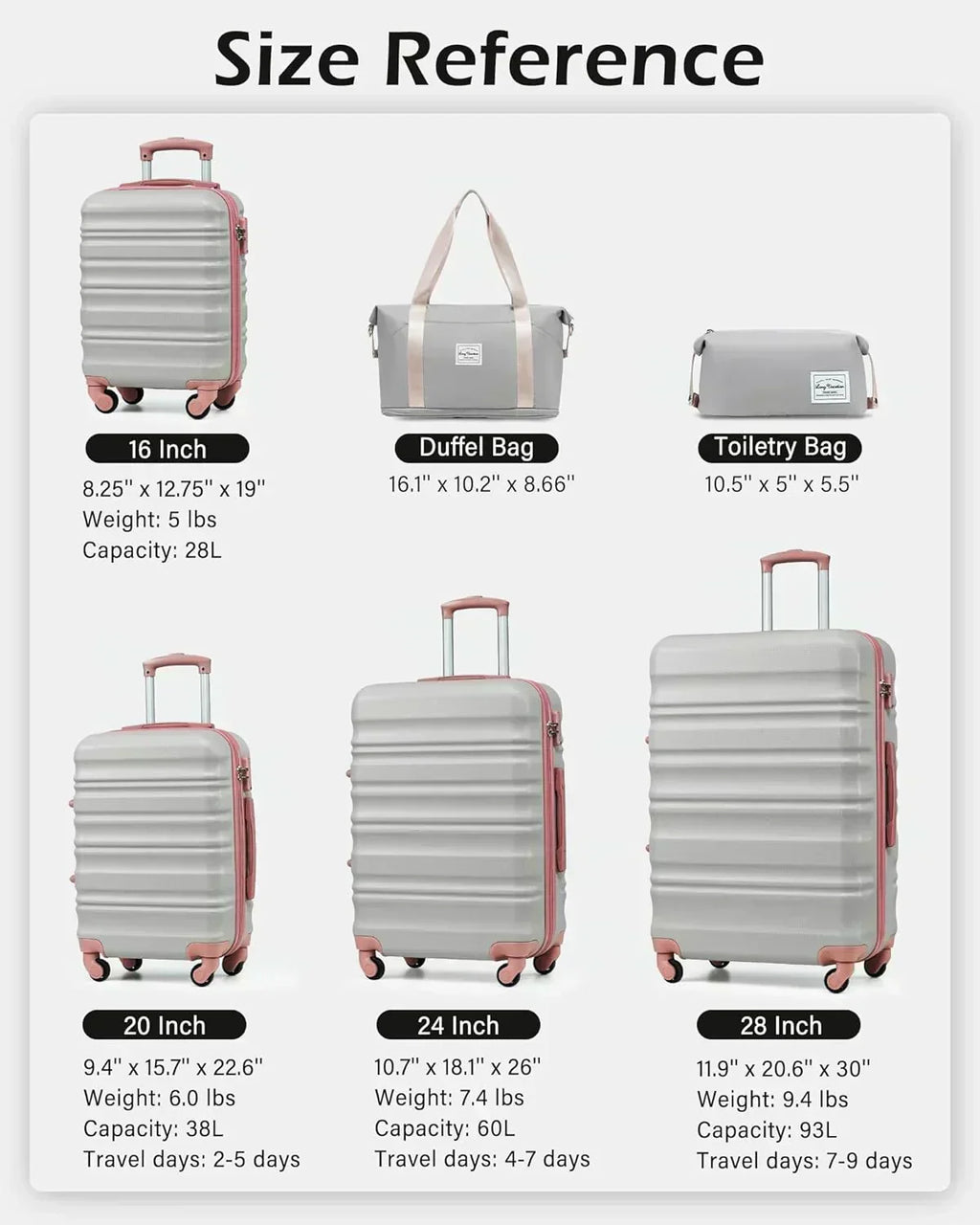 LONG VACATION 6 Piece Luggage Set Carry on Suitcase with ABS+PC hardshell Spinner Wheels