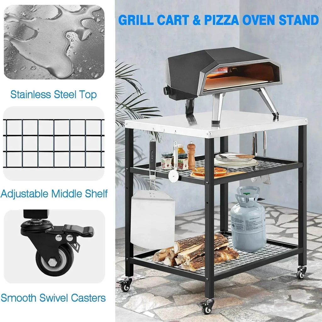 Stainless Steel Outdoor Grill Cart Pizza Oven Stand Trolley Table with Wheels Three-Shelf