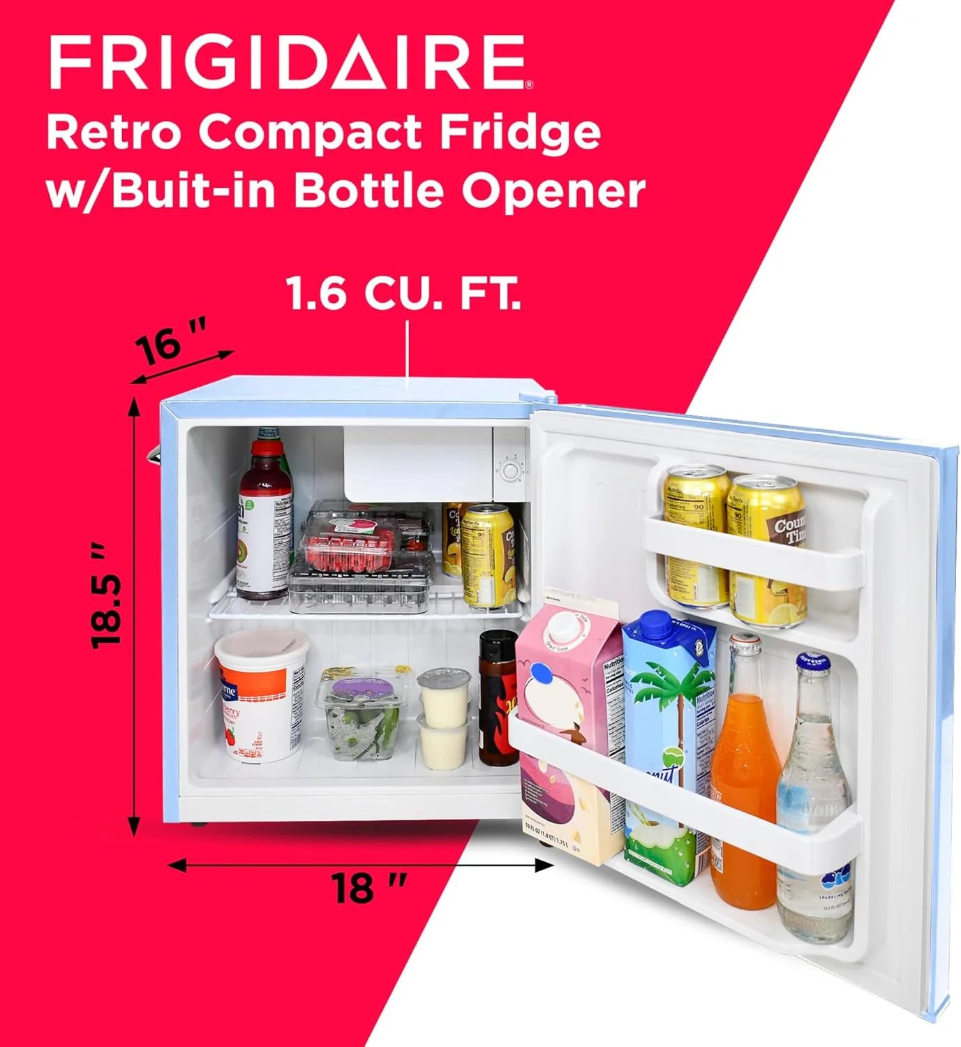 Frigidaire EFR176 Retro Compact Fridge with Chiller Mini Refrigerator with Built-in Bottle Opener for Office, Bedroom, Dorm Room or Cabin, 1.6 cu ft 16 D x 18 W x 18.5 H, Moonlight