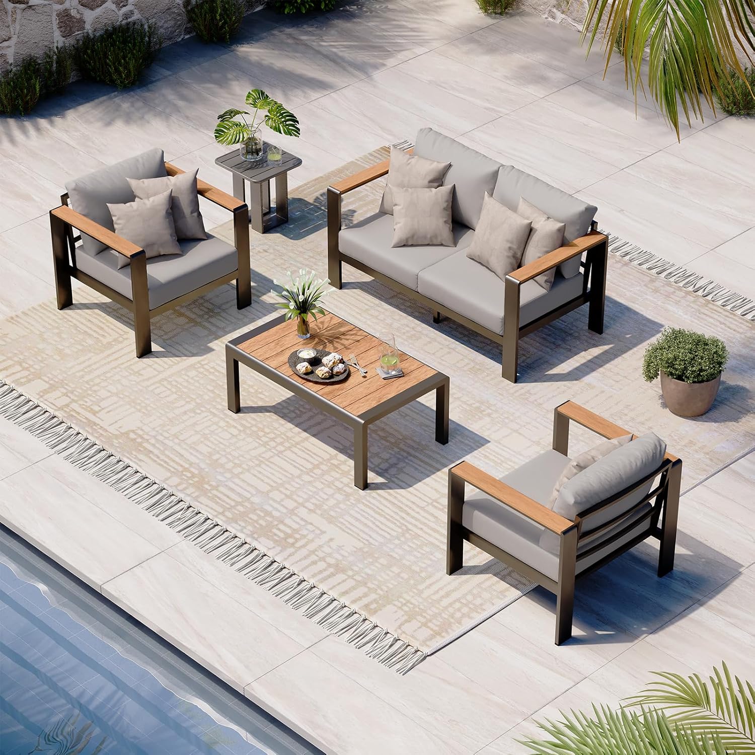 Aluminum Outdoor Patio Furniture Set with Coffee Table, 5 Piece Patio Conversation Sets, Outdoor Sectional Furniture for Porch, Balcony, Yard, Gray